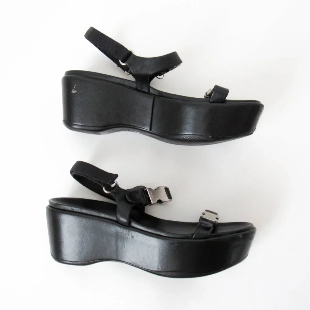 PRADA 90’s VINTAGE Black Sporty Open Toe Platform Sandals W/Metal Buckles Size-9